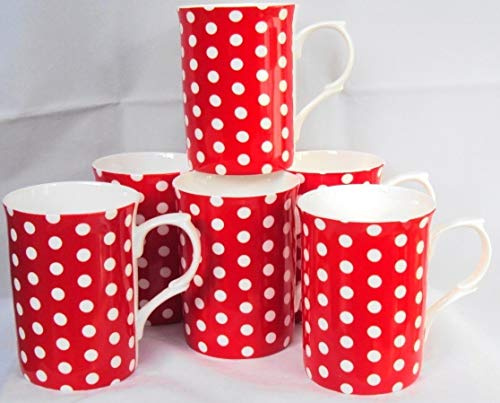 fromeuropewithlove Red Dots Mugs Set of 6 Fine Bone China Red Mugs Hand Decorated in the UK Free UK Delivery
