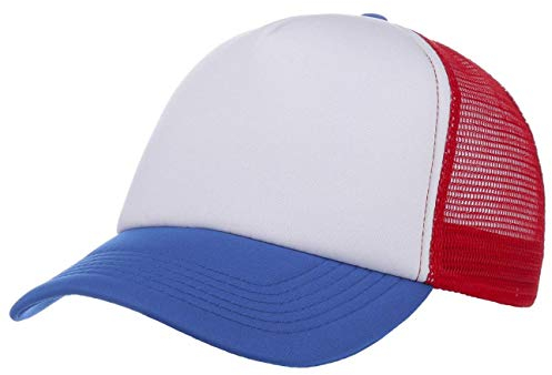 Tricolore Rapper Cap Damen/Herren - Sportliche Kappe in Einheitsgröße - Größenverstellbar durch Druckknopflasche - Luftig Dank Mesheinsatz - Dreifarbige Stoffcap - Sommer/Winter blau One Size