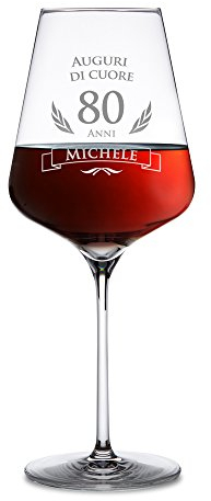 AMAVEL Calice da Vino Rosso con Incisione per il Compleanno, Auguri di Cuore 80 Anni, Personalizzato con Nome, Regali Originali per Lui e Lei, Bicchiere in Vetro Chiaro, ca. 500 ml