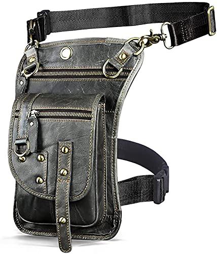 Le'aokuu Herren Echtes Leder Tasche Hüfttasche Beinbeutel Kleines Haken Tasche Messenger Bag 2141 (2141 A2 Grau)