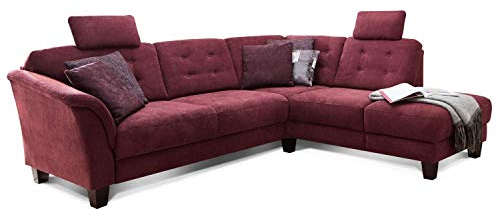 Cavadore Ecksofa Trond mit Ottomane rechts / Federkern-Sofa im Landhausstil mit 2 Kopfstützen und Vorziehsitz mit Bettkasten / 260 x 89 x 214 / Webstoff rot