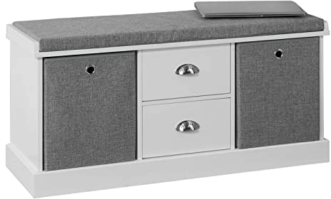 SoBuy FSR66-HG Sitzkommode Sitzbank mit Stauraum Schuhbank mit Sitzfläche mit 2 grauen Körben und 2 Schubladen Weiß BHT ca.: 100x50x35cm
