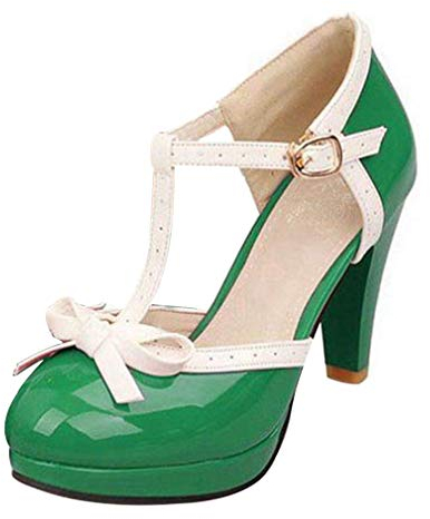 Damen T Spangen High Heels Plateau Pumps mit Blockabsatz Vintage Geschlossen Schuhe(grün,38)