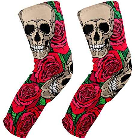 EZIOLY Knieschoner mit Totenköpfen und roten Rosen, Basketball, Volleyball, Wabenbein, Knieschoner, gepolstert, für Herren und Damen
