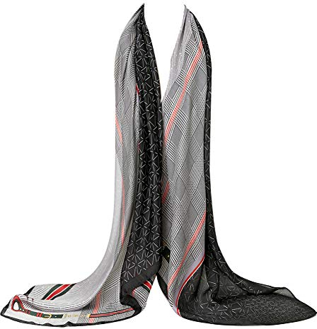 Bellonesc Seidenschal, 100 % Seide, lang, leicht, Sonnenschutz, Schal für Damen, Grau Schwarz kariert, Einheitsgröße