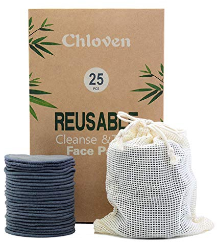 Chloven 25 Pack Charcoal Bamboo Reusable Makeup Remover Pads - Organic Bamboo Reusable Cotton Rounds for Toner, Washable Eco-Friendly Pads for All Skin Types with Cotton Laundry Bag