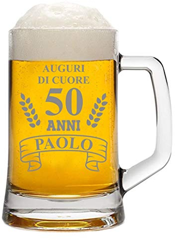 bubbleshirt Boccale da Birra Personalizzato con Nome Incisione Compleanno 50 Anni - Auguri di Cuore - Evento - Idea Regalo Compleanno - Bicchiere in Vetro Chiaro, ca 50 cl