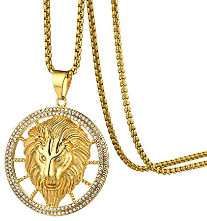 Flongo Herren Halskette Männer Anhänger Halskette Gold Golden Löwenkopf Strass Medaillon Hip Hop Wikinger Biker Herren Accessoires