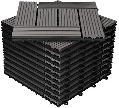 ECD Germany WPC Terrassenfliesen 30x30 cm/55 Stück=5m², Anthrazit Mosaik, Holzoptik, Bodenbelag mit Klicksystem und Drainage, Terrassendielen Balkonfliesen, Klickfliesen für Terrasse Garten und Balkon