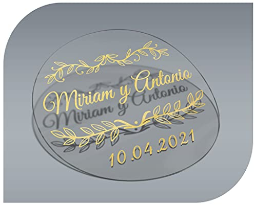 Personalisierbare Aufkleber mit Namen und Datum, transparent, Aufkleber für Einladungen, Hochzeit, Taufe, Verlobung, Kommunion, Geburtstag, Party, Vintage, Stempel (Modell 5)