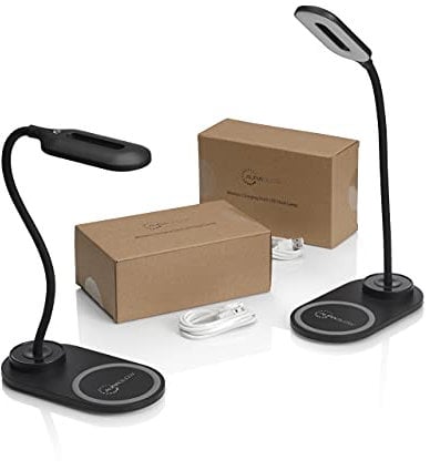 Auraglow LED Flexible Neck Desk Lamp with 3 Colour Modes and 10W Wireless Smart Phone Qi Fast Charger - Black - 2 Pack