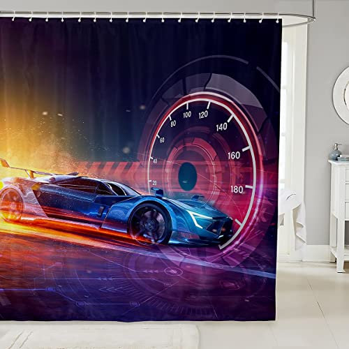 Sports Car Shower Curtain Race Sports Car Bath Curtain with Hooks for Kids Boys Girls Teens Young Men Blue Racing Car Bathroom Shower Curtain Extreme Sports Waterproof Fabric Bathroom 72x84 Inch
