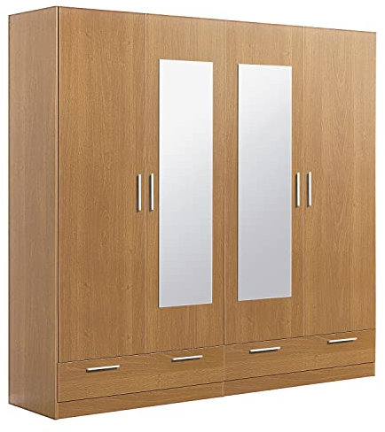 PEGANE Armoire/Placard de Rangement de 4 Portes + 2 tiroirs avec miroirs Coloris Merisier - Longueur 202 x Profondeur 51 x Hauteur 200 cm