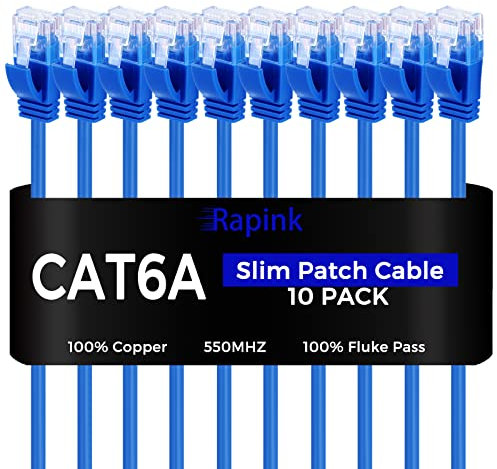 Rapink Patch Cables Cat6a 0.5ft (10 Pack) Slim, Cat6a Ethernet Patch Cable 10G Support, Snagless Cat 6 Patch Cable for Patch Panel to Switch, Flexiable Cat 6a Ethernet Cable with Gold Plated