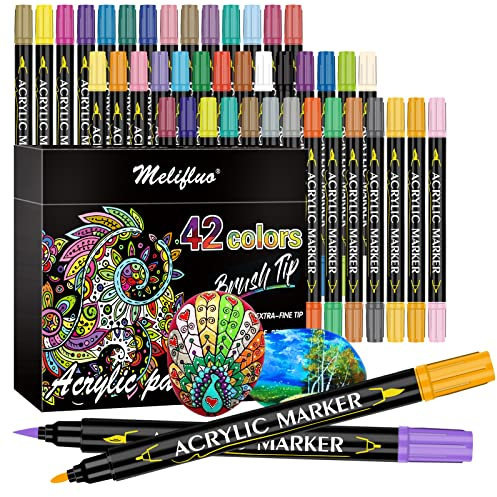 Melifluo Acrylic Paint Pens,42 Colours Dual Tip Brush Paint Marker Pens for Rock Painting, Stone, Ceramic, Glass, Wood, Fabric, Canvas, Porcelain