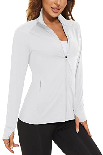 KEFITEVD Damen UV Schutz Jacke Sport Laufjacke Frauen Atmungsaktiv Sweatjacke UPF 50+ Sonnenschutz Sportjacke Langarm Freizeitjacke Sommer Casual Funktionsshirt Gym Bluse Weiß L