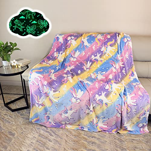 Kuscheldecke Kinder Mädchen Karikatu Einhorn Decke Leuchtet im Dunkeln,Kuscheldecke mit Regenbogen Einhorn Muster,Weiche Sofa Flanelldecken Geschenkideen für Kinder Mädchen (Einhorn A, 150x200cm)