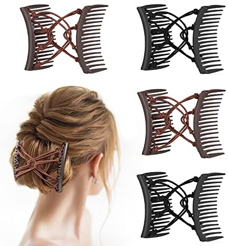 MAORULU Lot de 4 peignes à cheveux magiques pour femme, accessoires réglables et élastiques pour cheveux épais, bouclés et fins (café et noir)