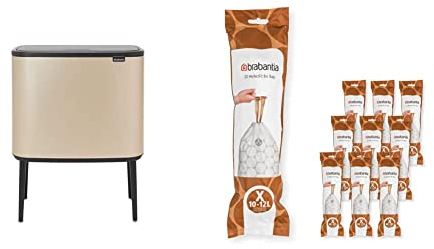 Brabantia Bo Touch Bin - 3 x 11 Litre Inner Buckets (Champagne) Waste/Recycling Kitchen Bin + X Liners Multipack Box (200 rolls)