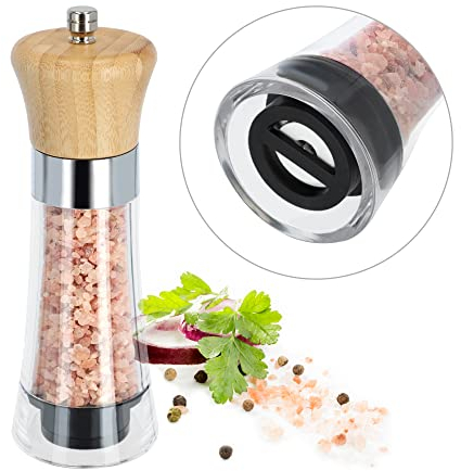 KADAX Salz- und Pfeffermühle, Seesalzmühle aus Acryl, Holz und Keramik, Pfeffer und Salzmühle mit Trichter, Gewürzmühle, Handmühle, Mühle für Salz (Transparent, H: 18,5 cm)