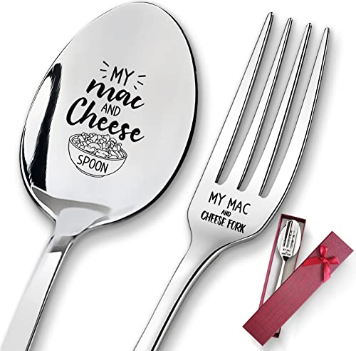 2 Stück My Mac and Cheese Edelstahl Graviert Löffel Gabel Set Küche Restaurant Langgriff Abendessen Löffel Gabel für Freunde, Frauen, Schwester, Geburtstag, Käseliebhaber, Weihnachtsgeschenke