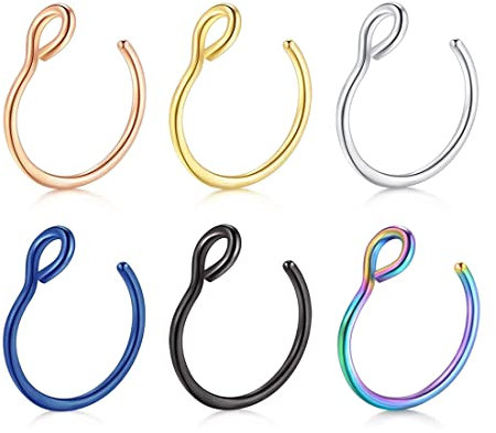 XPEX 12 falsche Nase Piercing Reifen falsche Ohrspirale Knorpelringe, 6 Farben für Nase Tragus Spirale Ohr Nasolabial Septum Piercingschmuck Körperpiercing 8 mm