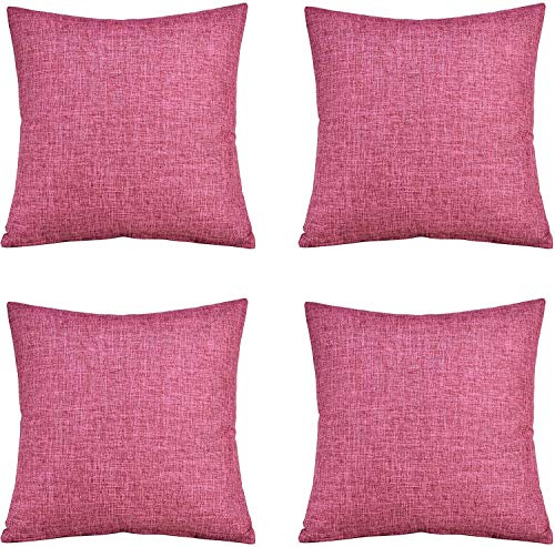GONOVE Cushion Covers 60×60cm Solid Soft Cotton Linen Throw Pillow Cover Set of 4 Decorative Plain Pillowcase Square Cushion Cover for Home Sofa Bed Chair Décor, Rose-carmine