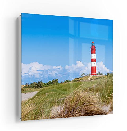 DEQORI Schlüsselkasten weiß | 30x30 cm | Motiv Leuchtturm auf Amrum | Glas & Metall Schlüssel-Box | Schlüsselschrank mit 50 Haken + 2 Magnete | Moderne Design Box magnetisch & beschreibbar