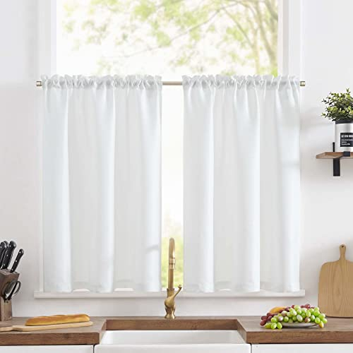 TOPICK Scheibengardine Leinenoptik Bistrogardine 2er Set 90Hx90B cm Uni Kurzer Küche Vorhänge Gewebe Gitter Lichtfilterung Paarig Schals für Wohnzimmer Landhaus Kleine Fenster Weiß