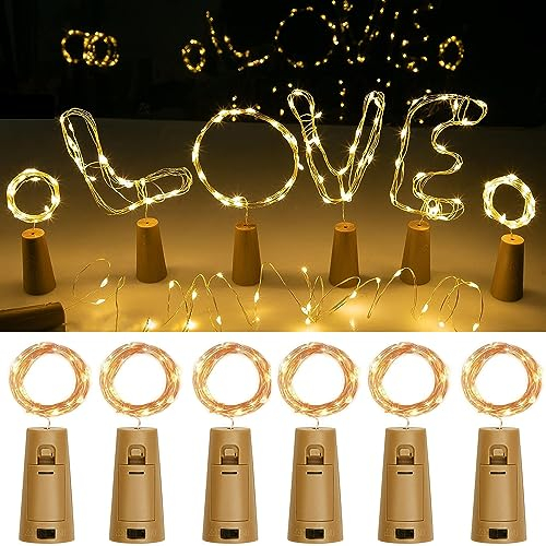 6 Stück Flaschenlicht Batterie,2M 20 LEDs Glas Korken Licht Lichterkette, Flaschenlichterkette Korken mit Batterie für Weihnachten,DIY-Tischdekoration,Hochzeit, Innen- und Außendekoration (warmweiß)