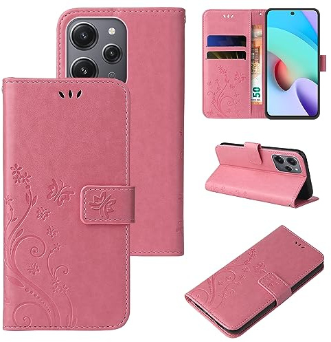 LBH Handy Hülle für Xiaomi Redmi 12 Case Handytasche Schmetterling Blumen Flower Standfunktion Schutzhülle Magnet Rundum Schutz 360 Grad Flipcase Cover Rosegold