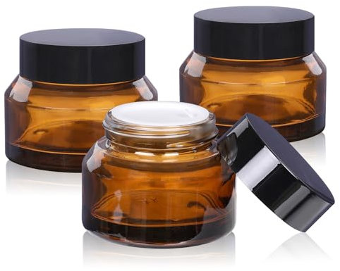 Lot de 3 petits pots cosmétiques en verre ambré avec couvercles, 50 ml, vides pour échantillon, crème, lotion (50 ml, ambre)