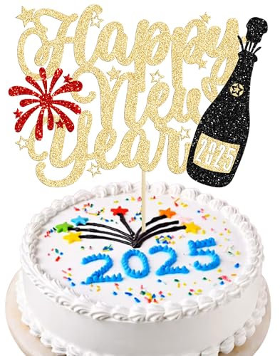 Gyufise 1Pc Happy New Year Cake Topper Black Glitter Firework Champagne New Year Cake Decorations 2025 Happy New Year Party Supplies for New Years Eve