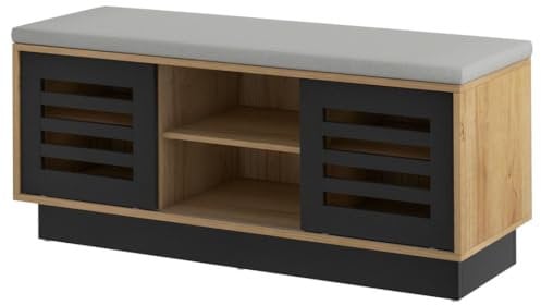 COSTWAY Cubby Shoe Bench, 2-Tier Shoe Storage Rack with 6 Storage Compartments, 3 Adjustable Shelves & 2 Sliding Doors, Entrance Shoe Cabinet for Hallway Bedroom Living Room (Natural + Black)