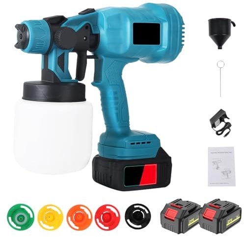 Akku Farbsprühsystem Kompatibel mit Makita 18V, mit 2 x 4Ah Akku, 3 Sprühmustern, 5 Düse, 0.8L Farbspritzpistole Elektrisch Lackierpistole Akku Farbsprühgerät zum Wandfarbe, Zäunen, Decken, Schränken