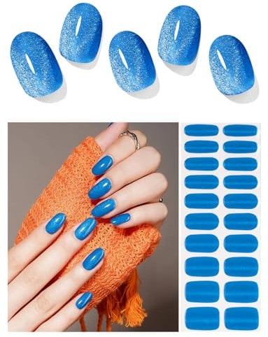 AutyaMee Semi Cured Gel Nail Strips (Blue Cat Eye), 20 Pcs Gel Nail Wraps, Stickers, UV Light Required, Salon Quality, Long Lasting