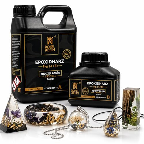 Royal Resin Epoxidharz Set 1kg - Kristallklares UV Epoxy Resin mit Härter 1:0,27 - Resin für Schmuck - Epoxidharz Set Anfänger - Gießharz 2K Formulierung für Formen Niedrige Viskosität, Blasenarm