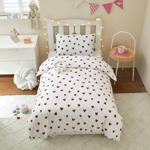 Ruccit Red Heart Toddler Bedding Set Cot Bed Duvet Cover Boys Girls 100% Cotton Kids Quilt Cover White Love Heart Junior Bedding Set 2pcs- Cot Duvet Cover & Pillowcase Set,Soft,Breathable,120x150cm