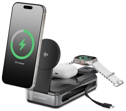 ALOGIC Roam 6-in-1 Powerbank 21000mAh | USB-C PD bis 100 Watt | Qi2 Wireless Charging 15 Watt | Apple Watch Ladegerät | Für iPhone, MacBook, iPad und AirPods I Grau