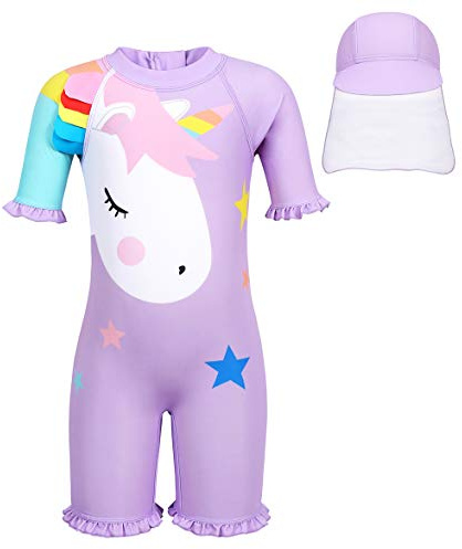 Girls Swimming Costume Kids 1-Piece UV Protection Swimsuit Sun Cap 4-5Y