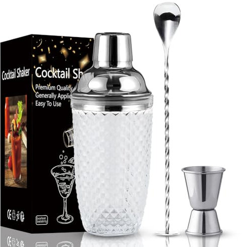 Shaker à cocktail - Cadeau - 400 ml - En verre transparent doré - Avec couvercle doseur en acier inoxydable - Passoire et cuillère de bar