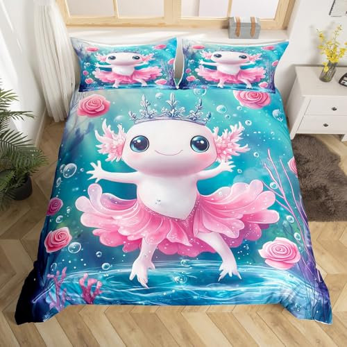 Homewish Nette Axolotl Kinder Tröster Abdeckung Cartoon Salamander Mädchen 135x200 Bettwäsche Set Rosa Rose Blumen Prinzessin Bettbezug Kawaii Ocean Sealife Wildlife Bett Set