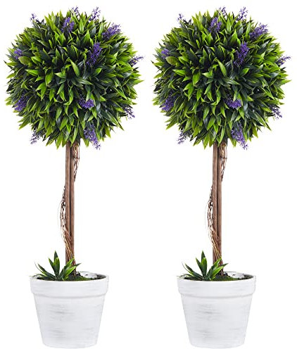 HOMCOM Set 2 Piante Finte da Interno e Esterno, Piante Artificiali a Sfera con Fiori di Lavanda e Vaso con Muschio e Cemento Incluso, Piante Verdi Decorative in PE e PP, Ø24x60 cm