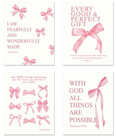 Poster mit rosa Schleife, kokett, Raumdekoration, 20,3 x 25,4 cm, Leinwanddrucke, ungerahmt, 4 Stück, rosa Raumdekoration für Teenager, Mädchen, Badezimmer, Wandkunst-Poster
