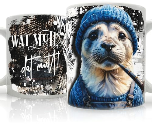 Friesische Küstenmotiv Tasse mit Robbe | „Wat mutt dat mutt“ | Keramiktasse mit plattdeutschem Spruch | für Freunde der Küste und Meer
