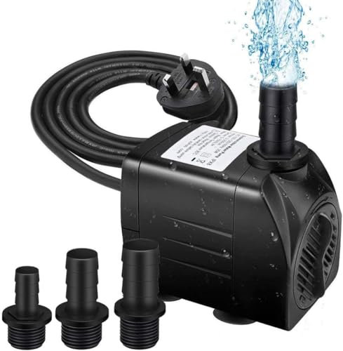 25W Submersible Water Pump 320GPH, 1200L/H Ultra-Quiet Fountain Pump with 6.56ft High Lift, 4.9ft Power Cord & 3 Nozzles for Aquarium, Fish Tank, Pond, Statuary, Hydroponics