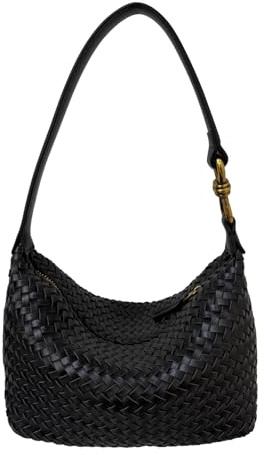 Gewebte Hobo-Tasche für Damen, schwarzes Leder, Schultertasche mit verstellbarem Riemen