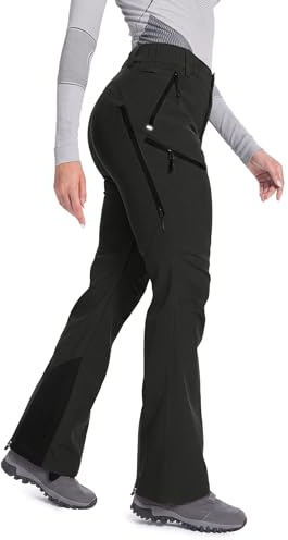 Moosehill Women's Snow Ski Pants: Fleece lined Waterproof Insulated Softshell Thermal Warm for Winter Snowboarding Outdoor Hiking with 4 Zippered Pockets (Black, 6)