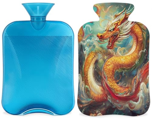 Entemne 2L Hot Water Bottle Chinese Cartoon Dragon Art Hot Water Bag with Cover Reusable Therapy Bag for Pain Relief Menstrual Cramps, Muscle Soreness Winter Warmth Gift