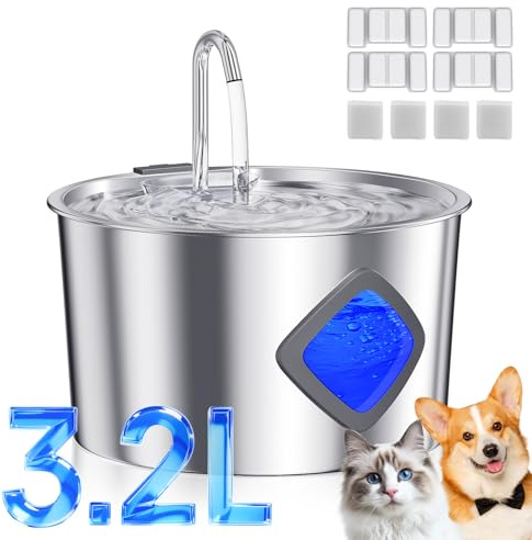 JIXZEN Cat Water Fountain Stainless Steel: 108oz/3.2L Automatic Pet Water Fountain for Cats Indoor- Quiet Cat Water Bowl Dispenser- Drinking Fountain for Small Animals & Kitties-4 Filters + 4 Sponges